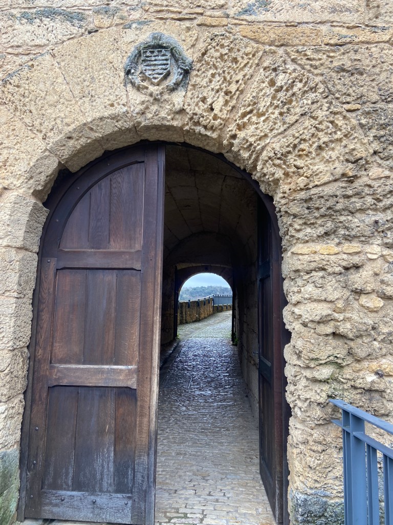 Old stone archway with wooden doors, leading to a cobblestone path and a view of the outdoors.