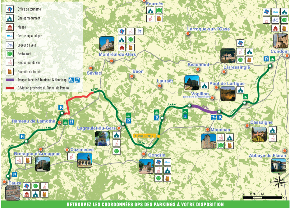 Map highlighting tourist attractions, restaurants, and parks in the Gers region of France, showing key locations and routes.
